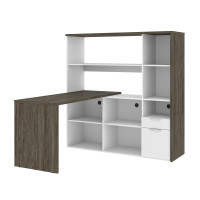 Bestar 107420-000035 Gemma 60W L-Shaped Desk with Credenza and Hutch in walnut grey & white