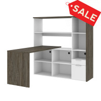Bestar 107420-000035 Gemma 60W L-Shaped Desk with Credenza and Hutch in walnut grey & white