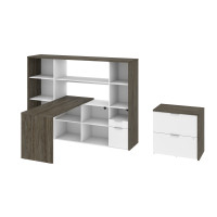 Bestar 107850-000035 Gemma 3-Piece Set including an L-Shaped Desk with a Hutch, a Bookcase, and a Lateral File Cabinet in walnut grey & white