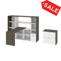 Bestar 107850-000035 Gemma 3-Piece Set including an L-Shaped Desk with a Hutch, a Bookcase, and a Lateral File Cabinet in walnut grey & white