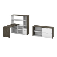 Bestar 107852-000035 Gemma 3-Piece Set Including One L-Shaped Desk with Hutch, One Storage Unit, and One Lateral File Cabinet in walnut grey & white
