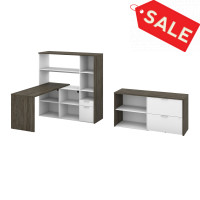 Bestar 107852-000035 Gemma 3-Piece Set Including One L-Shaped Desk with Hutch, One Storage Unit, and One Lateral File Cabinet in walnut grey & white
