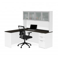 Bestar 110887-17 Pro-Concept Plus L-Desk with Frosted Glass Door Hutch in White & Deep Grey