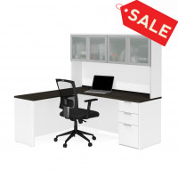 Bestar 110887-17 Pro-Concept Plus L-Desk with Frosted Glass Door Hutch in White & Deep Grey