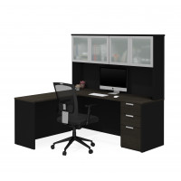 Bestar 110887-32 Pro-Concept Plus L-Desk with Frosted Glass Door Hutch in Deep Grey & Black