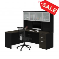Bestar 110887-32 Pro-Concept Plus L-Desk with Frosted Glass Door Hutch in Deep Grey & Black