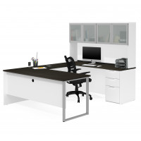 Bestar 110890-17 Pro-Concept Plus U-Desk with Frosted Glass Door Hutch in White & Deep Grey