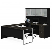 Bestar 110890-32 Pro-Concept Plus U-Desk with Frosted Glass Door Hutch in Deep Grey & Black