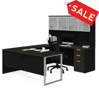 Bestar 110890-32 Pro-Concept Plus U-Desk with Frosted Glass Door Hutch in Deep Grey & Black