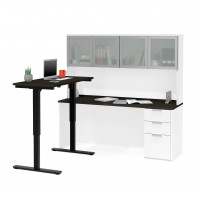 Bestar 110897-17 Pro-Concept Plus Height Adjustable L-Desk with Frosted Glass Door Hutch in White & Deep Grey