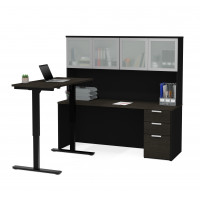 Bestar 110897-32 Pro-Concept Plus Height Adjustable L-Desk with Frosted Glass Door Hutch in Deep Grey & Black