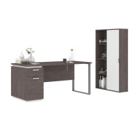 Bestar 114850-000047 Aquarius 2-Piece Set Including a Desk with Single Pedestal and a Storage Unit with 8 Cubbies in bark grey & white