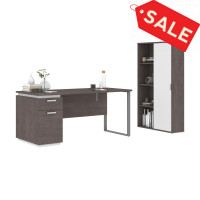 Bestar 114850-000047 Aquarius 2-Piece Set Including a Desk with Single Pedestal and a Storage Unit with 8 Cubbies in bark grey & white