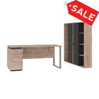 Bestar 114851-000009 Aquarius 3-Piece Set Including a Desk with Single Pedestal and Two Storage Units with 8 Cubbies in rustic brown & graphite