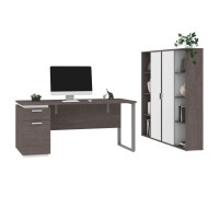 Bestar 114851-000047 Aquarius 3-Piece Set Including a Desk with Single Pedestal and Two Storage Units with 8 Cubbies in bark grey & white