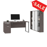 Bestar 114851-000047 Aquarius 3-Piece Set Including a Desk with Single Pedestal and Two Storage Units with 8 Cubbies in bark grey & white
