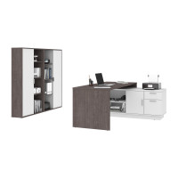 Bestar 115851-000047 Equinox 3-Piece Set Including 1L-Shaped Desk and 2 Storage Units with 8 Cubbies in bark grey & white