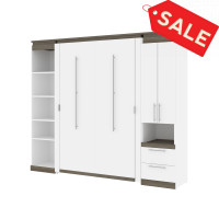 Bestar 116861-000017 Orion 98W Full Murphy Bed with Narrow Storage Solutions (99W) in white & walnut grey
