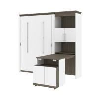 Bestar 116865-000017 Orion Full Murphy Bed and Shelving Unit with Fold-Out Desk in white and walnut grey