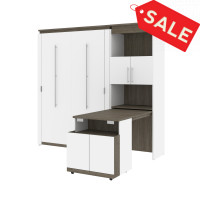 Bestar 116865-000017 Orion Full Murphy Bed and Shelving Unit with Fold-Out Desk in white and walnut grey