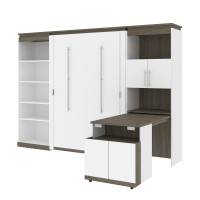 Bestar 116866-000017 Orion 118W Full Murphy Bed with Shelving and Fold-Out Desk in white and walnut grey