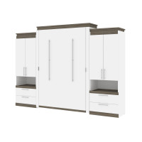 Bestar 116870-000017 Orion 124W Queen Murphy Bed and 2 Storage Cabinets with Pull-Out Shelves (125W) in white & walnut grey