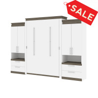 Bestar 116870-000017 Orion 124W Queen Murphy Bed and 2 Storage Cabinets with Pull-Out Shelves (125W) in white & walnut grey
