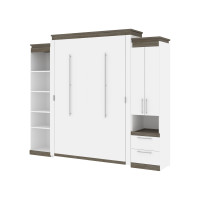 Bestar 116871-000017 Orion 104W Queen Murphy Bed with Narrow Storage Solutions (105W) in white & walnut grey