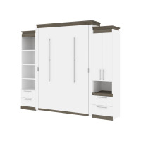 Bestar 116872-000017 Orion 104W Queen Murphy Bed and Narrow Storage Solutions with Drawers (105W) in white & walnut grey