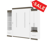 Bestar 116872-000017 Orion 104W Queen Murphy Bed and Narrow Storage Solutions with Drawers (105W) in white & walnut grey