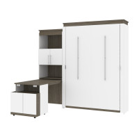 Bestar 116875-000017 Orion Queen Murphy Bed and Shelving Unit with Fold-Out Desk in white and walnut grey