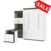 Bestar 116875-000017 Orion Queen Murphy Bed and Shelving Unit with Fold-Out Desk in white and walnut grey