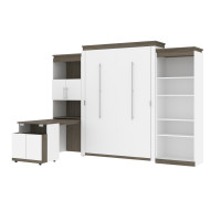 Bestar 116876-000017 Orion 124W Queen Murphy Bed with Shelving and Fold-Out Desk in white and walnut grey