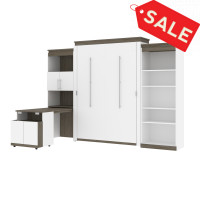 Bestar 116876-000017 Orion 124W Queen Murphy Bed with Shelving and Fold-Out Desk in white and walnut grey