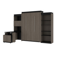 Bestar 116876-000047 Orion 124W Queen Murphy Bed with Shelving and Fold-Out Desk in bark gray and graphite