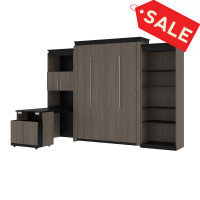 Bestar 116876-000047 Orion 124W Queen Murphy Bed with Shelving and Fold-Out Desk in bark gray and graphite