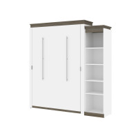 Bestar 116880-000017 Orion Queen Murphy Bed with Narrow Shelving Unit (85W) in white & walnut grey