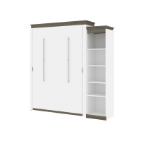 Bestar 116880-000017 Orion Queen Murphy Bed with Narrow Shelving Unit (85W) in white & walnut grey