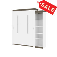 Bestar 116880-000017 Orion Queen Murphy Bed with Narrow Shelving Unit (85W) in white & walnut grey