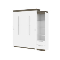 Bestar 116881-000017 Orion Queen Murphy Bed and Narrow Shelving Unit with Drawers (85W) in white & walnut grey