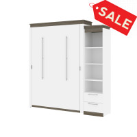 Bestar 116881-000017 Orion Queen Murphy Bed and Narrow Shelving Unit with Drawers (85W) in white & walnut grey