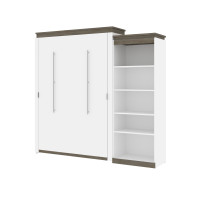 Bestar 116882-000017 Orion Queen Murphy Bed with Shelving Unit (95W) in white & walnut grey