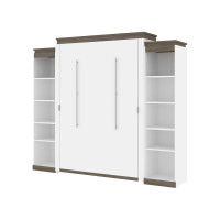 Bestar 116884-000017 Orion 104W Queen Murphy Bed with 2 Narrow Shelving Units (105W) in white & walnut grey