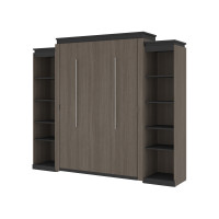 Bestar 116884-000047 Orion 104W Queen Murphy Bed with 2 Narrow Shelving Units (105W) in bark gray & graphite