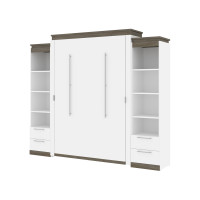 Bestar 116885-000017 Orion 104W Queen Murphy Bed and 2 Narrow Shelving Units with Drawers (105W) in white & walnut grey