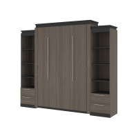 Bestar 116885-000047 Orion 104W Queen Murphy Bed and 2 Narrow Shelving Units with Drawers (105W) in bark gray & graphite