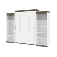 Bestar 116886-000017 Orion 124W Queen Murphy Bed with 2 Shelving Units (125W) in white & walnut grey