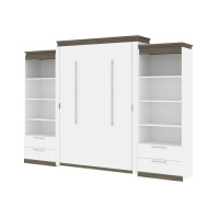 Bestar 116887-000017 Orion 124W Queen Murphy Bed and 2 Shelving Units with Drawers (125W) in white & walnut grey
