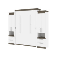 Bestar 116889-000017 Orion 104W Queen Murphy Bed and 2 Storage Cabinets with Pull-Out Shelves (105W) in white & walnut grey