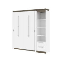 Bestar 116891-000017 Orion Full Murphy Bed and Narrow Shelving Unit with Drawers (79W) in white & walnut grey